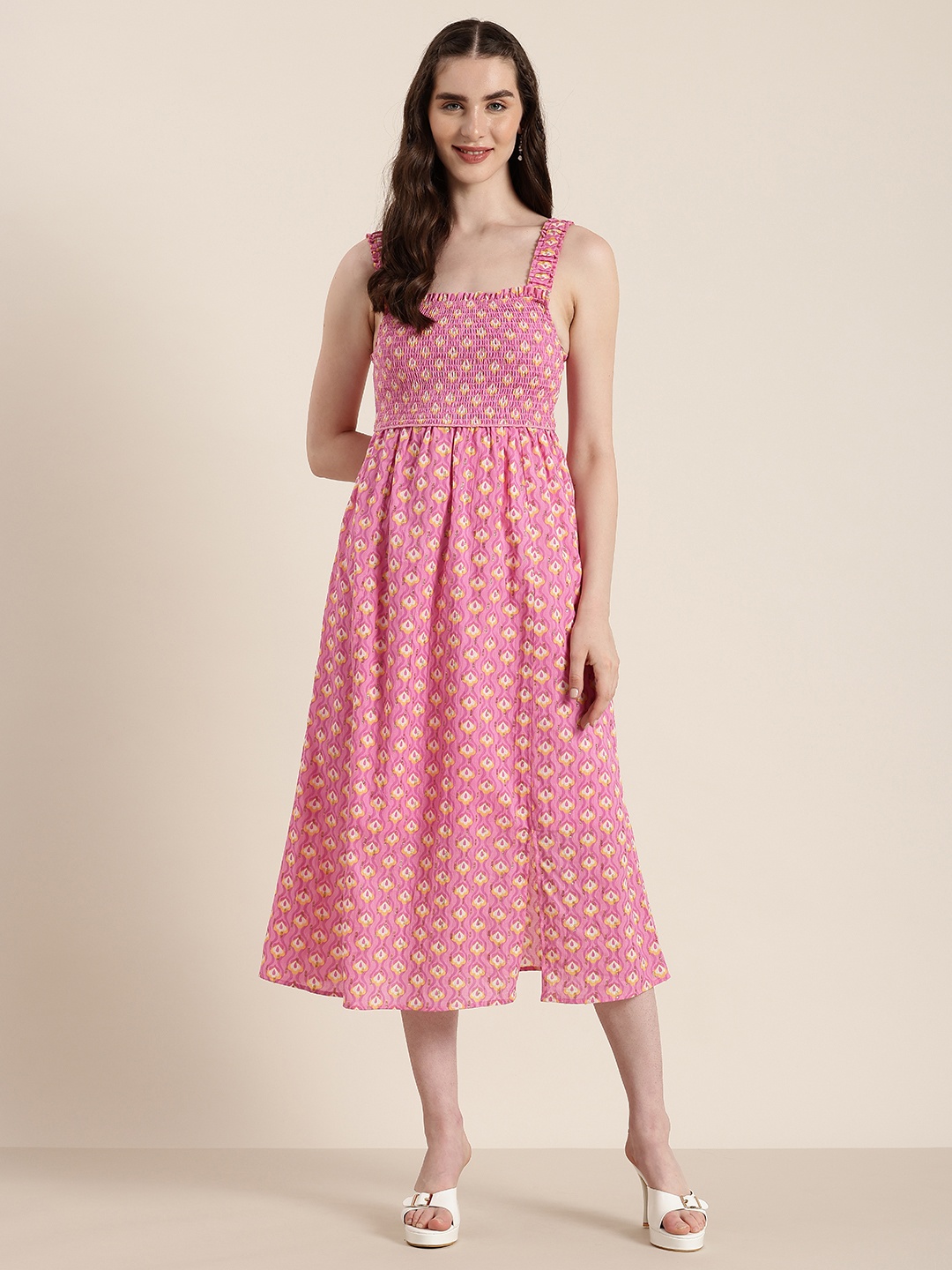HERE&NOW Print Smocked Pure Cotton Fit & Flare Midi Dress, Pink