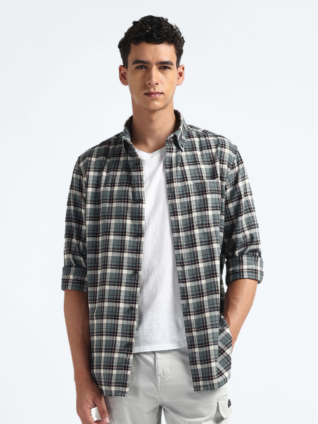 

Flying Machine Slim Fit Tartan Checks Opaque Checked Cotton Casual Shirt, Grey