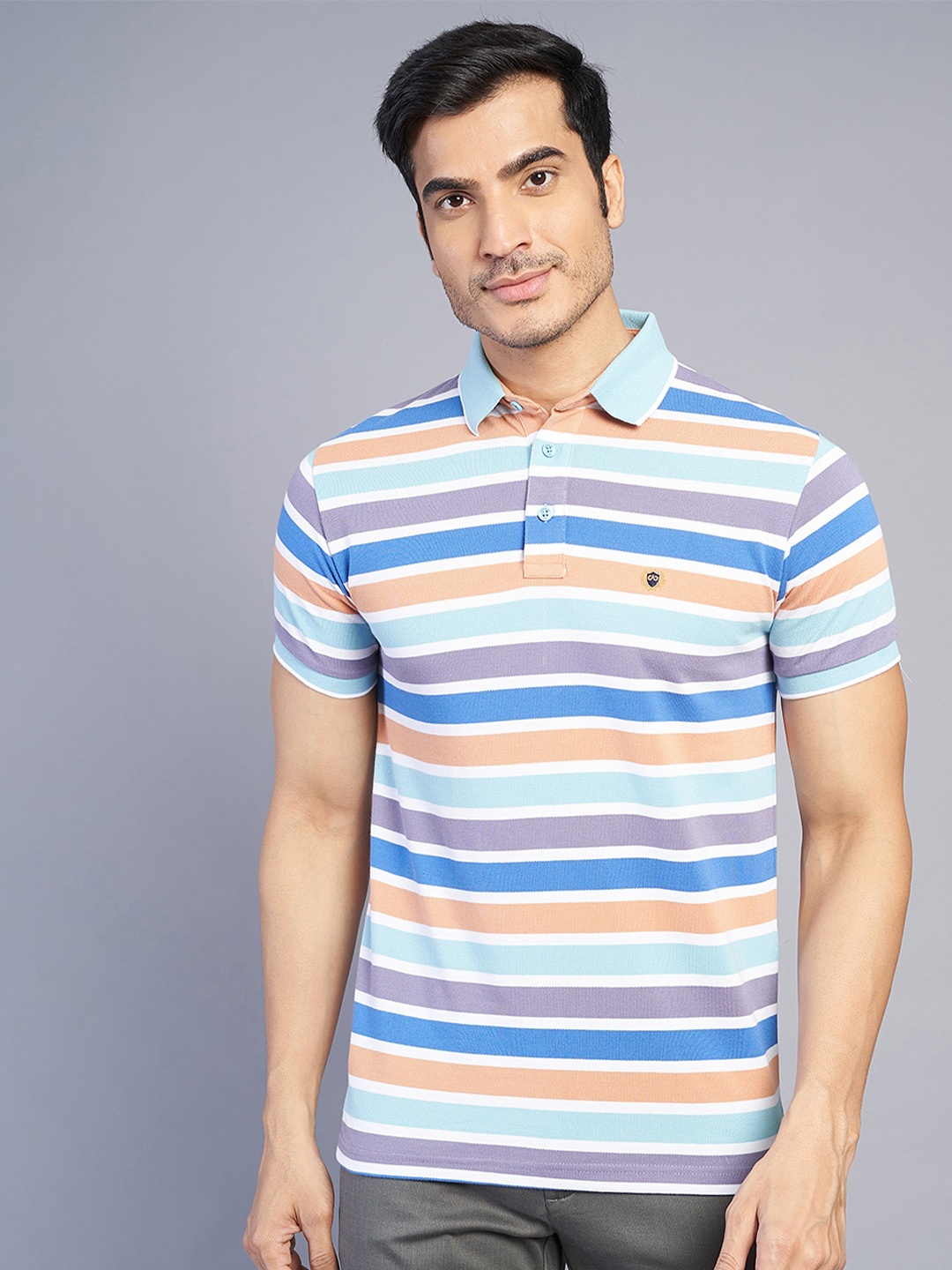 

JADE BLUE Striped Polo Collar Pure Cotton Slim Fit T-shirt