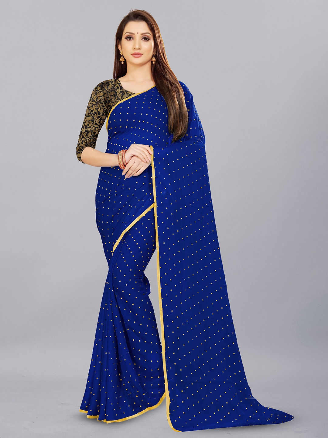 

Aardiva Polka Dots Pure Chiffon Saree, Navy blue