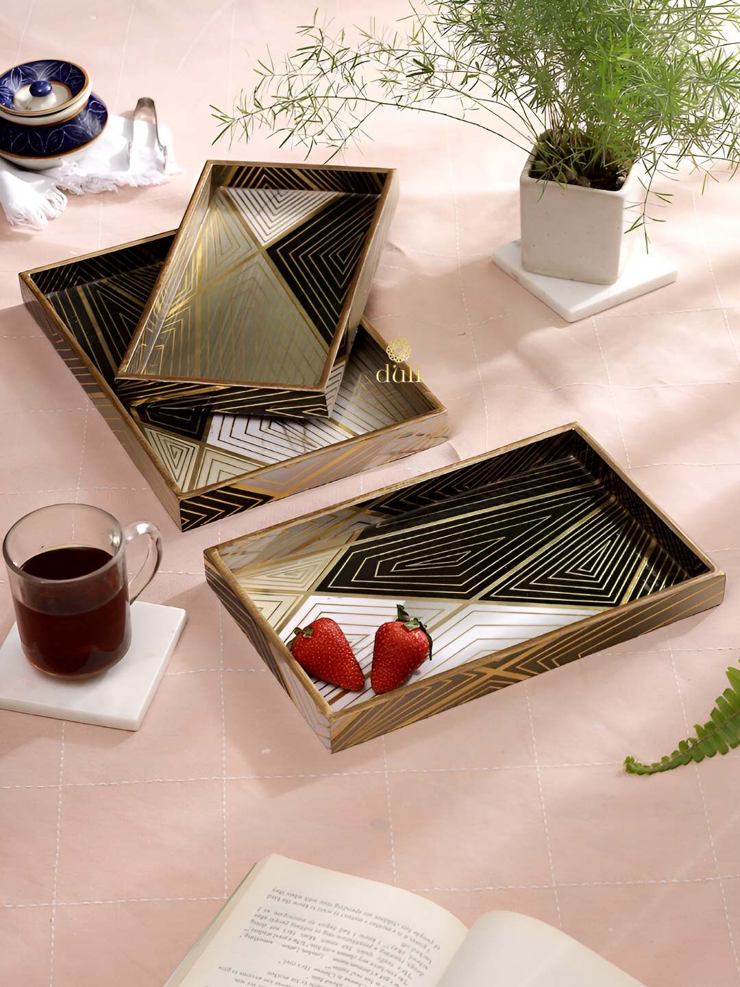 

DULI Cream-Colored 3 Pieces Printed Wooden Serving Trays