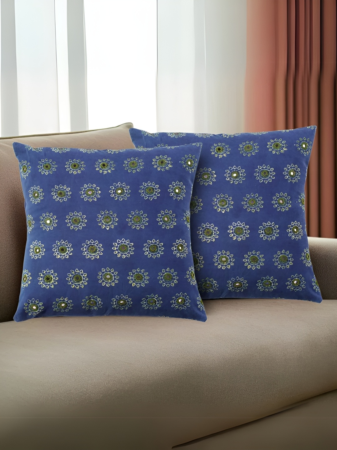 

Peepul Tree Blue & Green 2 Pieces Floral Embroidered Cotton Square Cushion Covers