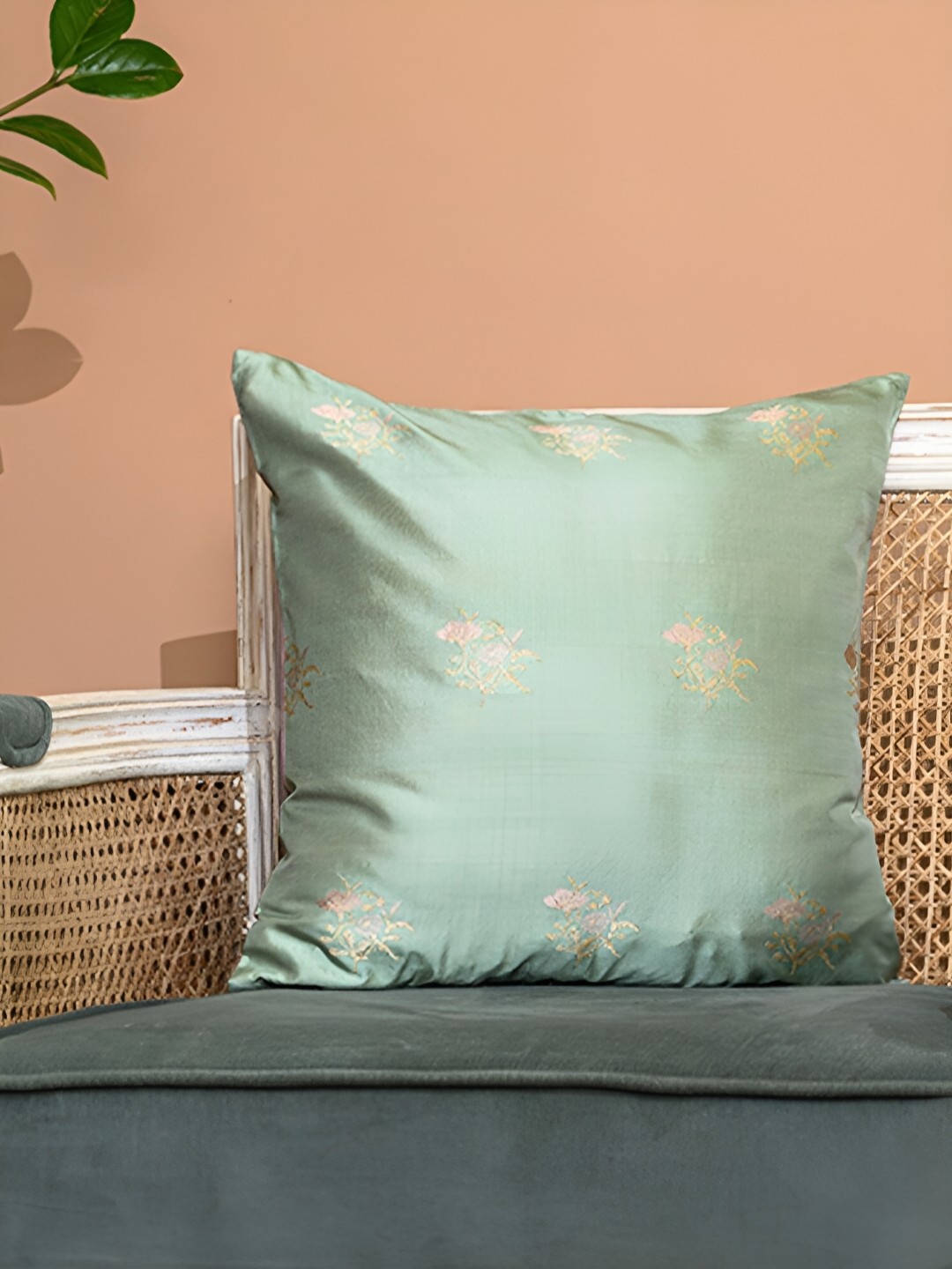 

Peepul Tree Lime Green & Beige Floral Embroidered Square Cushion Cover