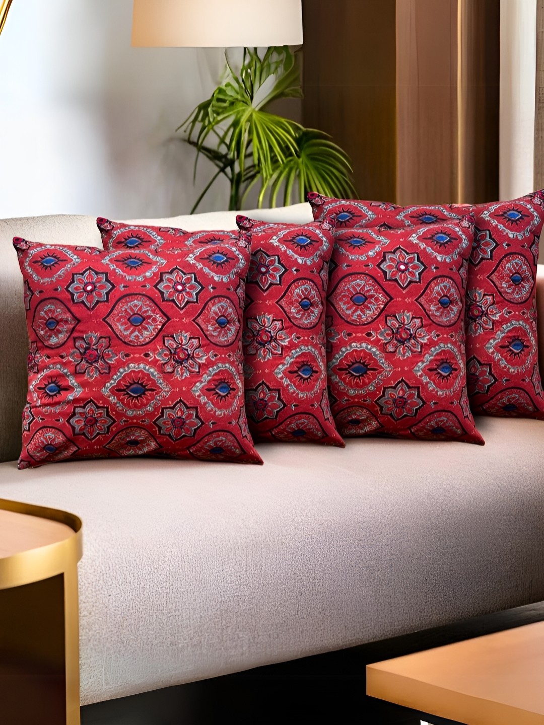 

Peepul Tree Red & Blue 4 Pieces Ethnic Motifs Embroidered Cotton Square Cushion Covers