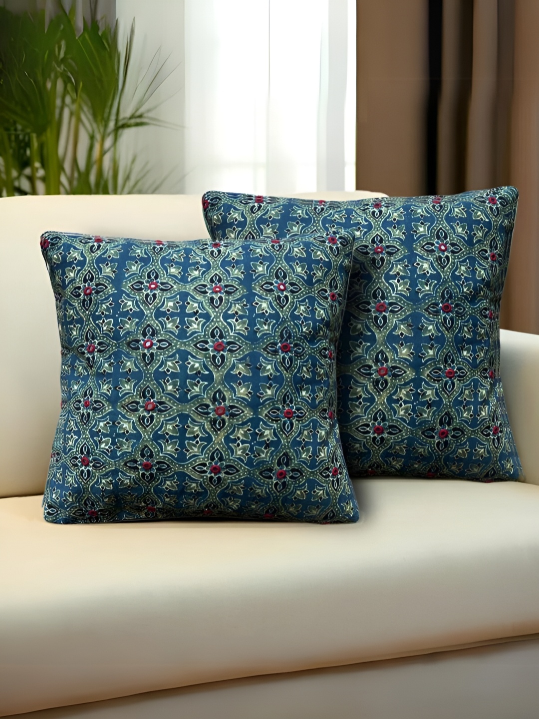 

Peepul Tree Blue & Red 2 Pieces Ethnic Motifs Embroidered Cotton Square Cushion Covers