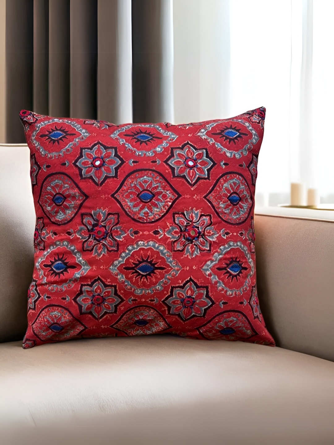 

Peepul Tree Red & Blue Ethnic Motifs Embroidered Cotton Square Cushion Cover