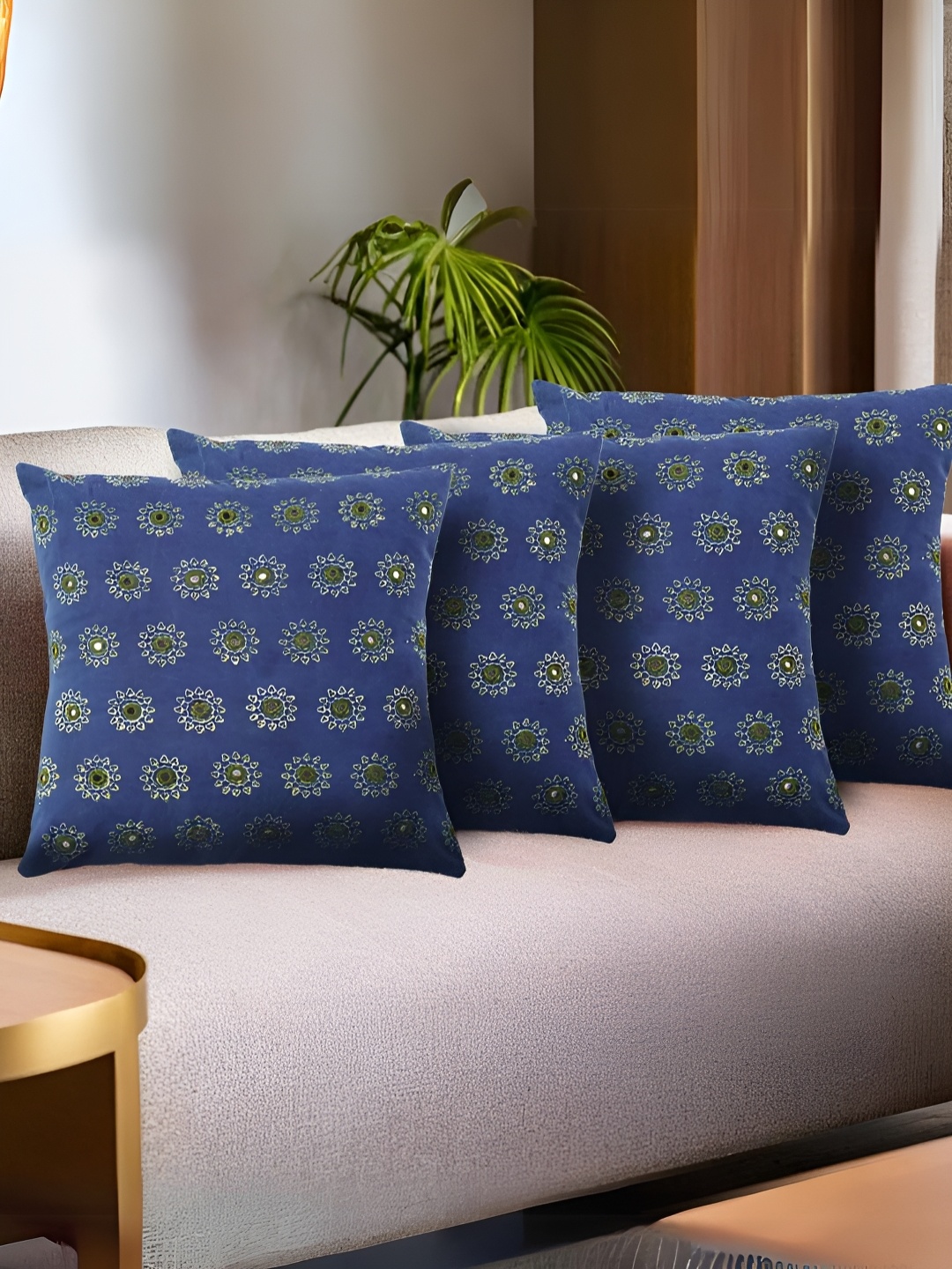 

Peepul Tree Blue & Green 4 Pieces Ethnic Motifs Embroidered Cotton Square Cushion Covers