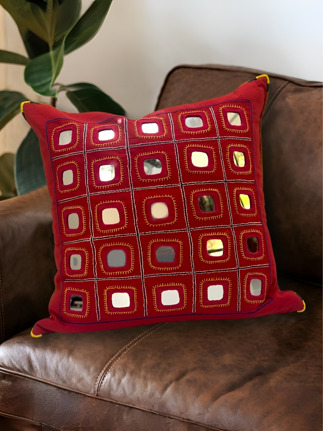 

Peepul Tree Red Geometric Embroidered Cotton Square Cushion Cover