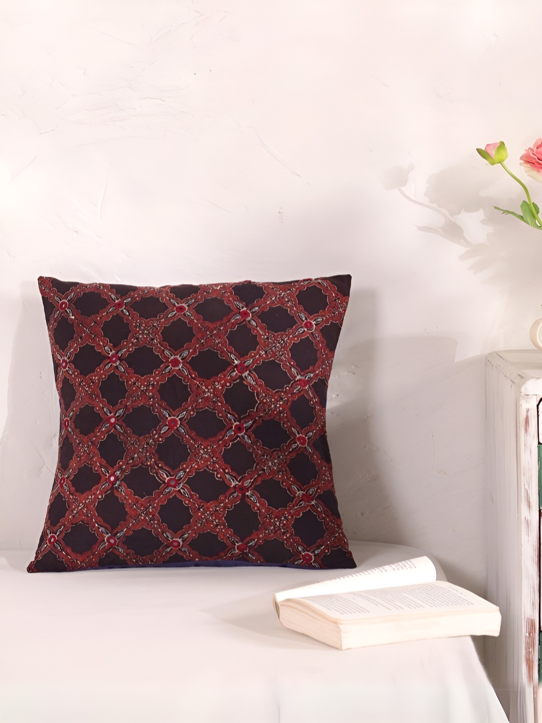 

Peepul Tree Red & Black Floral Embroidered Cotton Square Cushion Cover