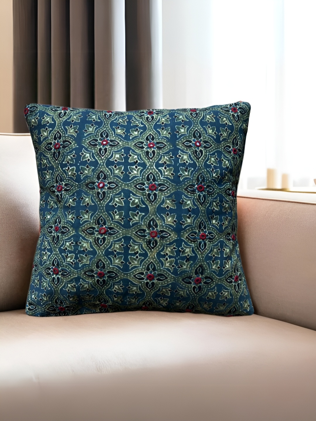 

Peepul Tree Blue & Red Ethnic Motifs Embroidered Cotton Square Cushion Cover