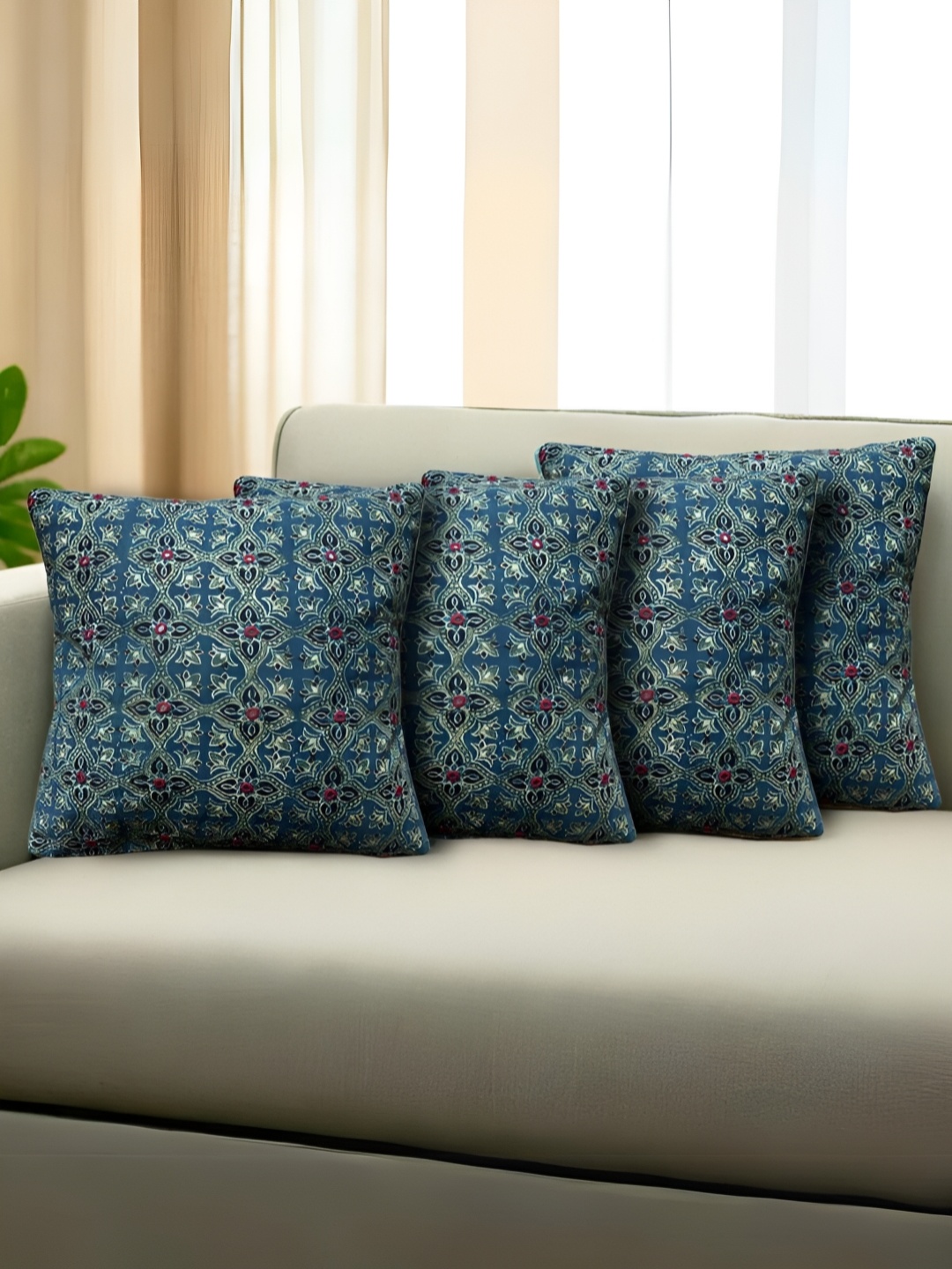 

Peepul Tree Blue 4 Pieces Ethnic Motifs Embroidered Cotton Square Cushion Covers