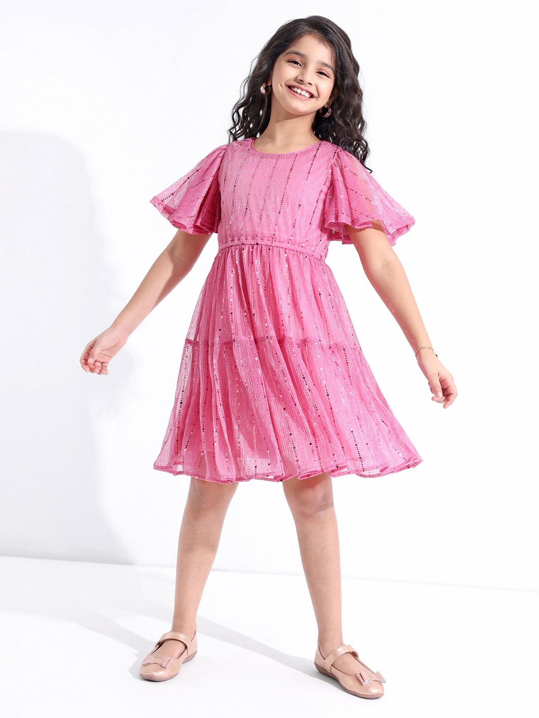 

Hola Bonita Girls Flared Sleeve Net Fit & Flare Dress, Pink
