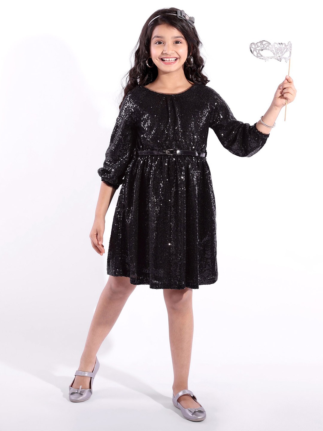 

Hola Bonita Girls Embellished Puff Sleeve Fit & Flare Dress, Black