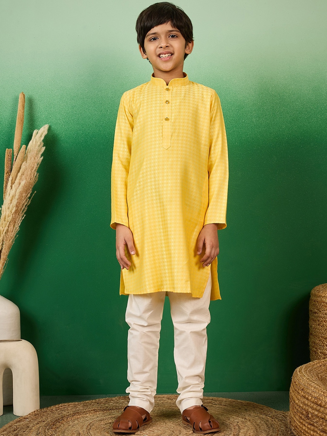 

Sangria Boys Geometric Woven Design Straight Kurta With Pyjama, Yellow