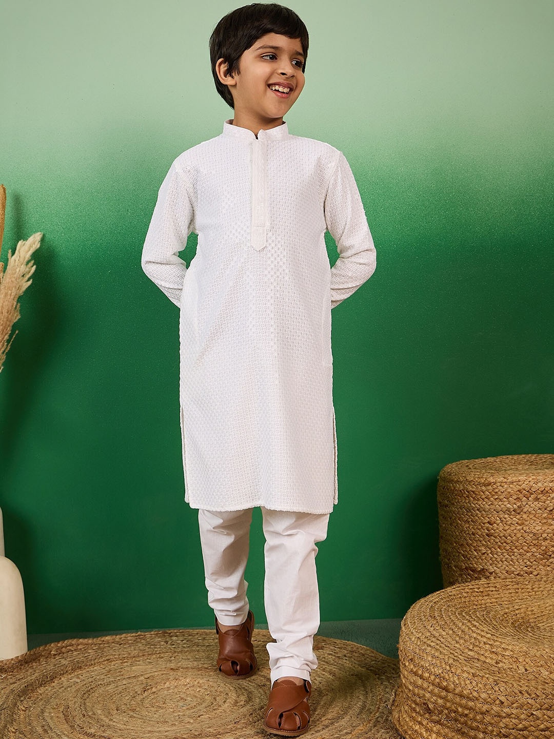 

Sangria Boys Sequence Embroidered Mandarin Collar Chikankari Straight Kurta With Pyjama, White