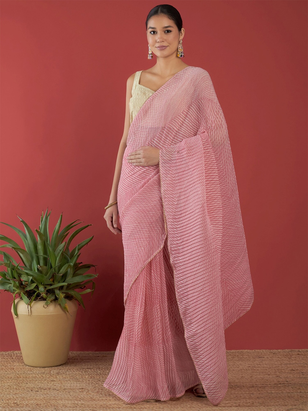 

Anouk Pink Striped Pure Chiffon Saree