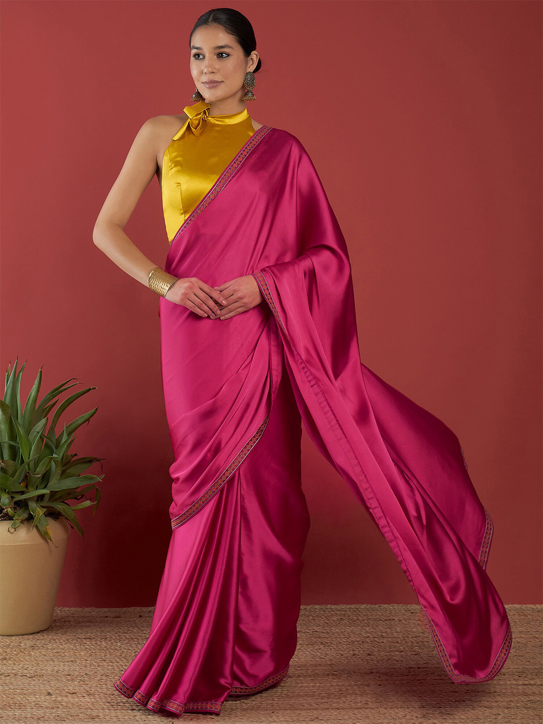 

Anouk Pink Embellished Satin Saree