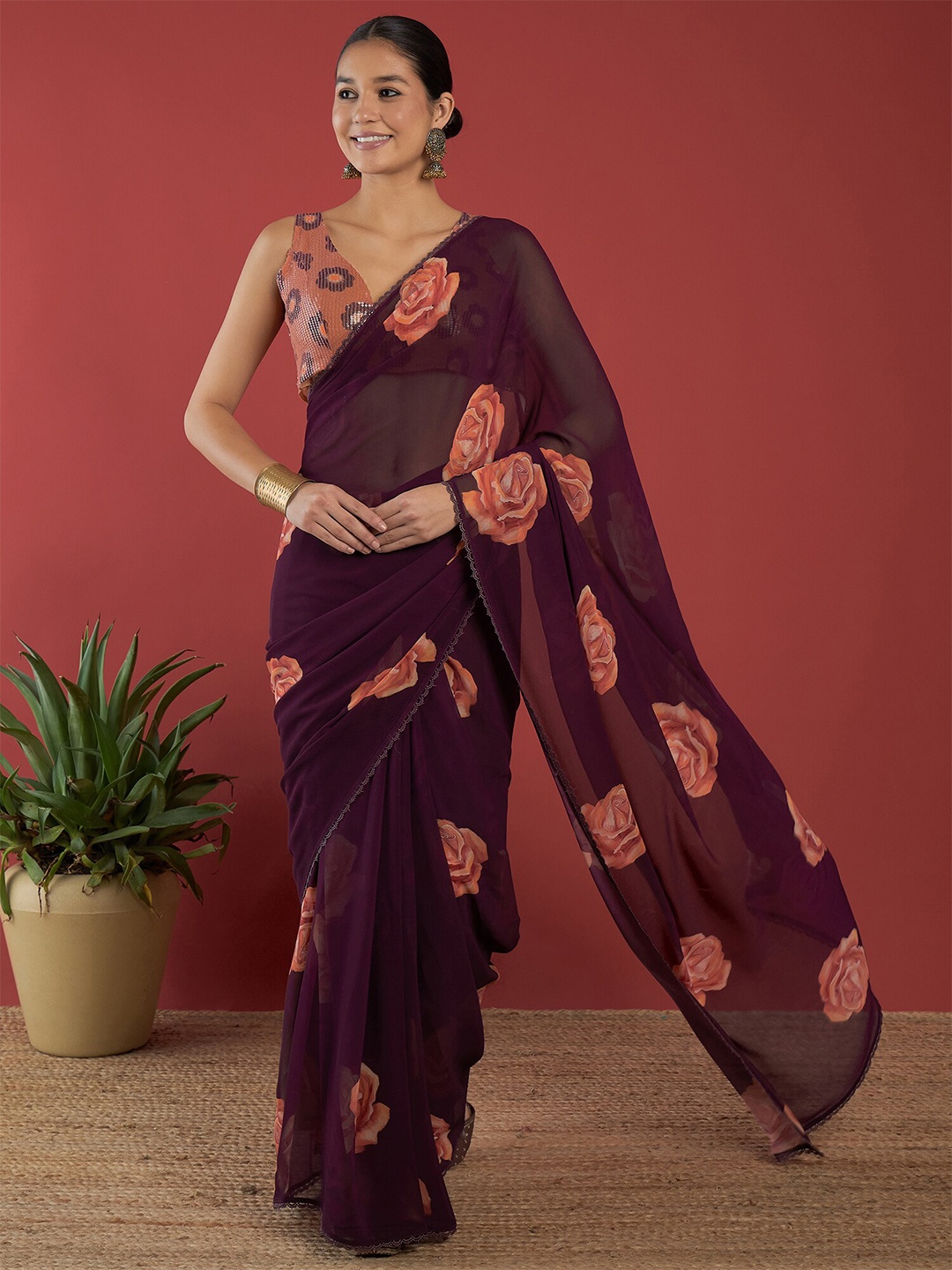 

Anouk Floral Printed Pure Georgette Saree, Burgundy