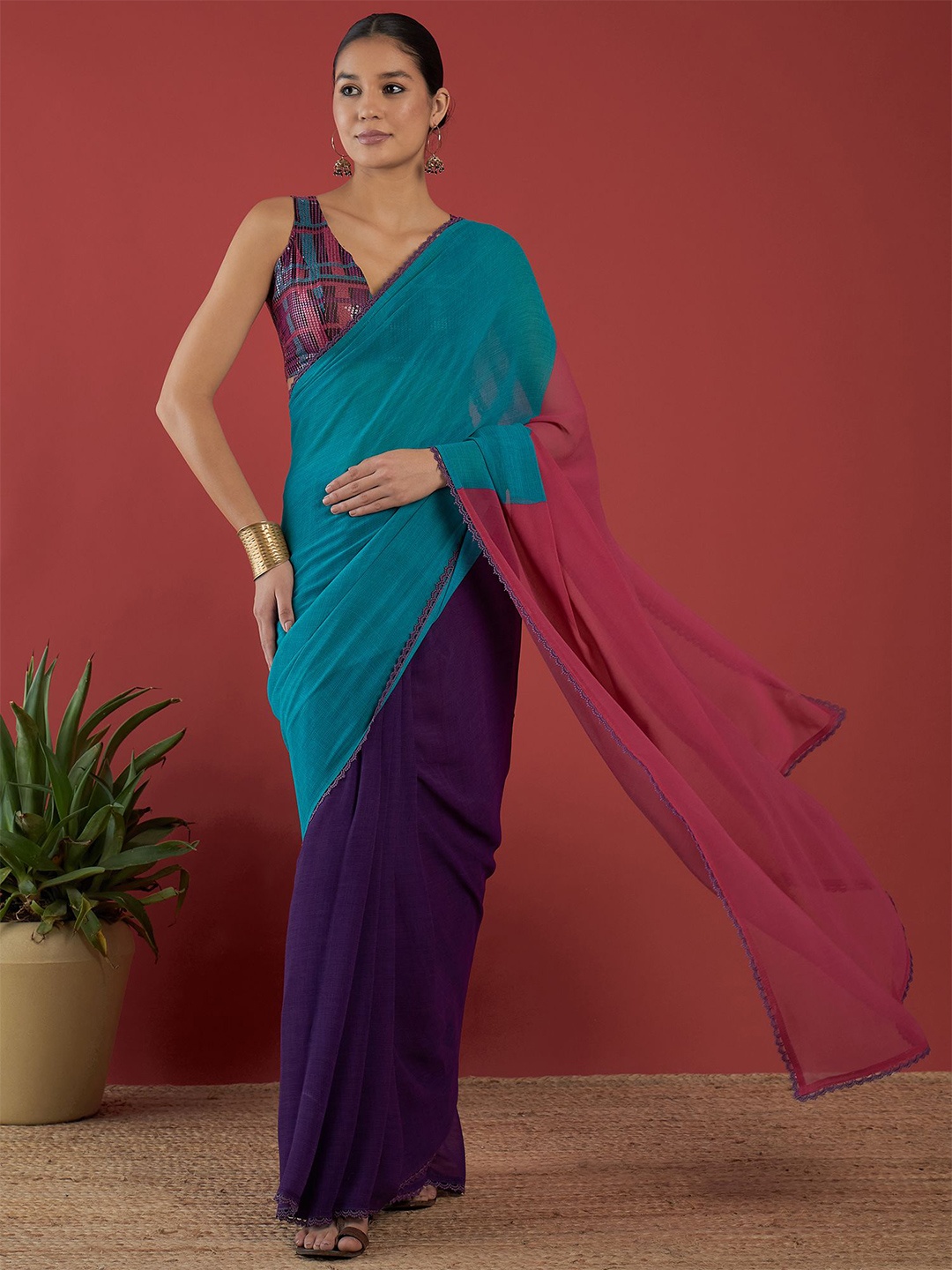 

Anouk Blue Colourblocked Pure Georgette Saree