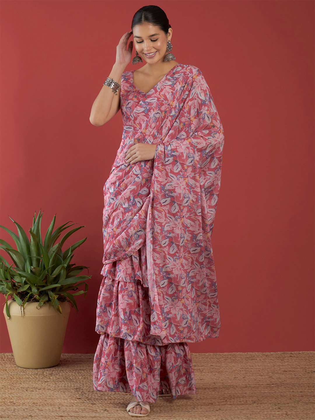 

Anouk Pink Floral Printed Ready to Wear Saree
