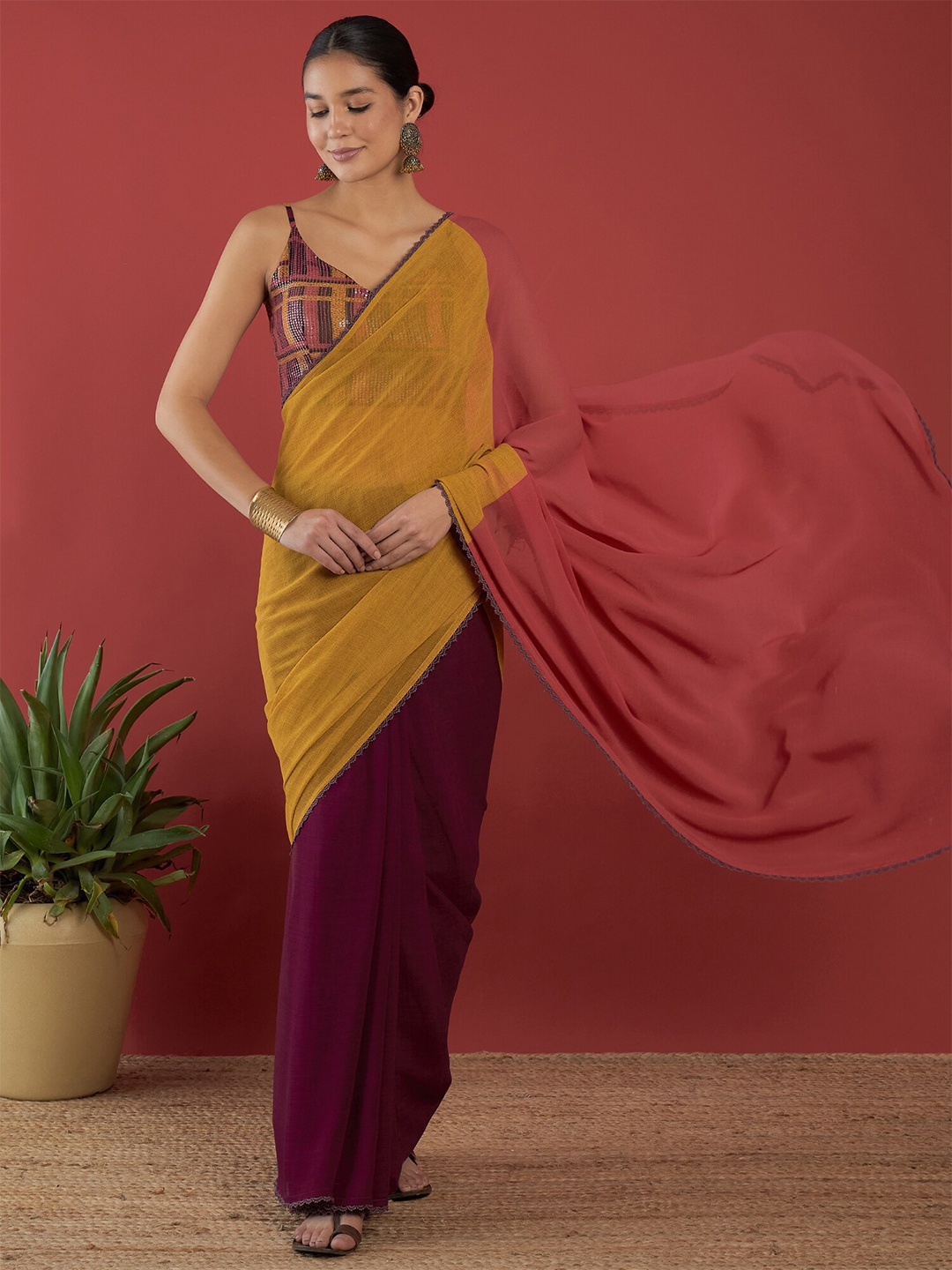 

Anouk Colourblocked Pure Georgette Saree, Yellow