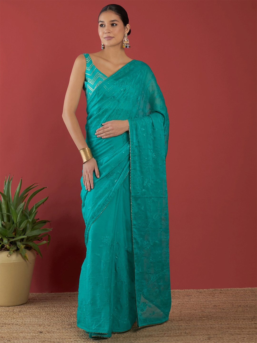 

Anouk Ethnic Motifs Embroidered Pure Chiffon Saree, Turquoise blue
