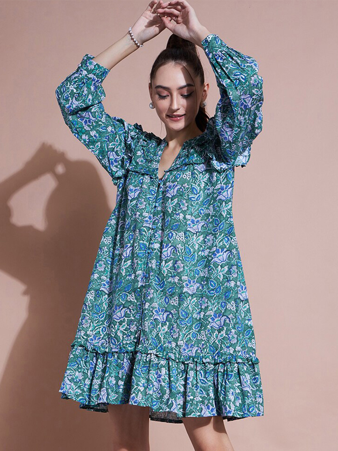 

DressBerry Green Mandarin Collar Floral Print Cotton Puff Sleeves A-Line Dress