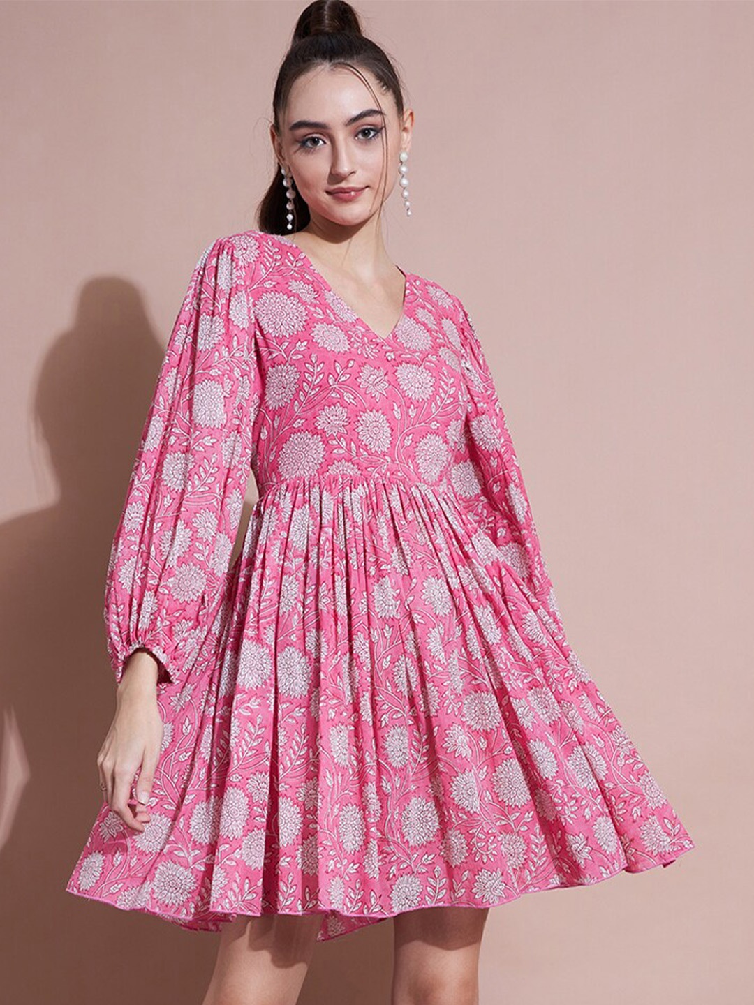 

DressBerry Floral Printed V-Neck Cotton Fit and Flare Dress, Pink