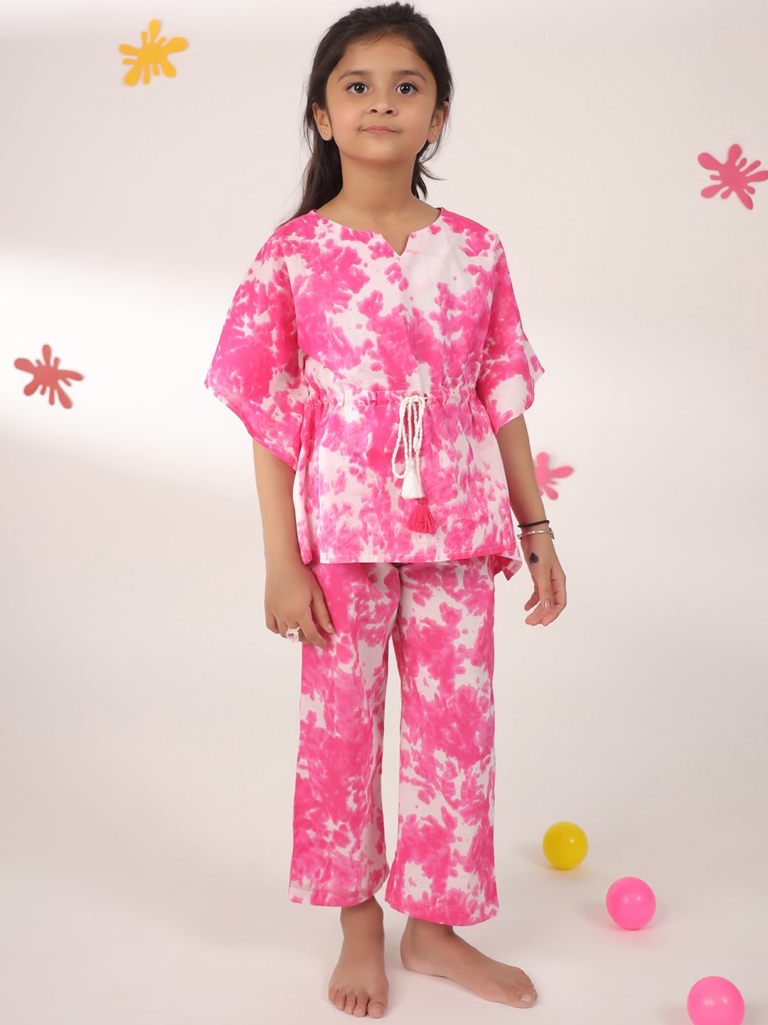 

SANSKRUTIHOMES Girls Tie & Dye Pure Cotton Kaftan Top with Trouser, Pink