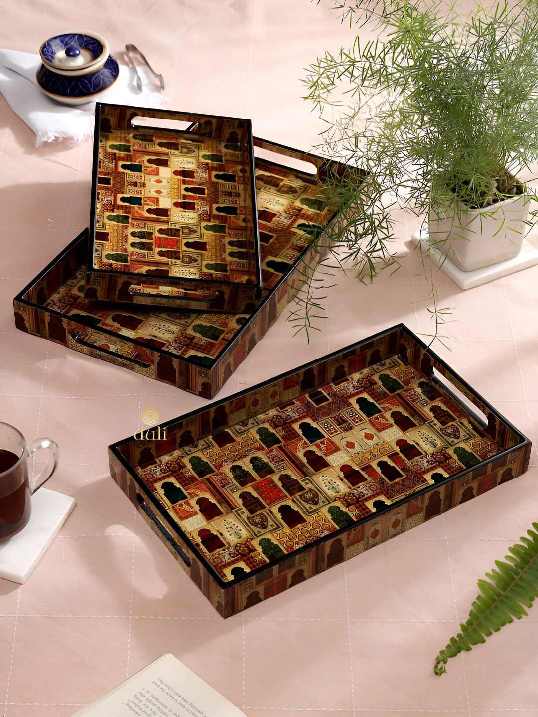 

DULI Brown 3 Pieces Printed Wooden Serving Trays
