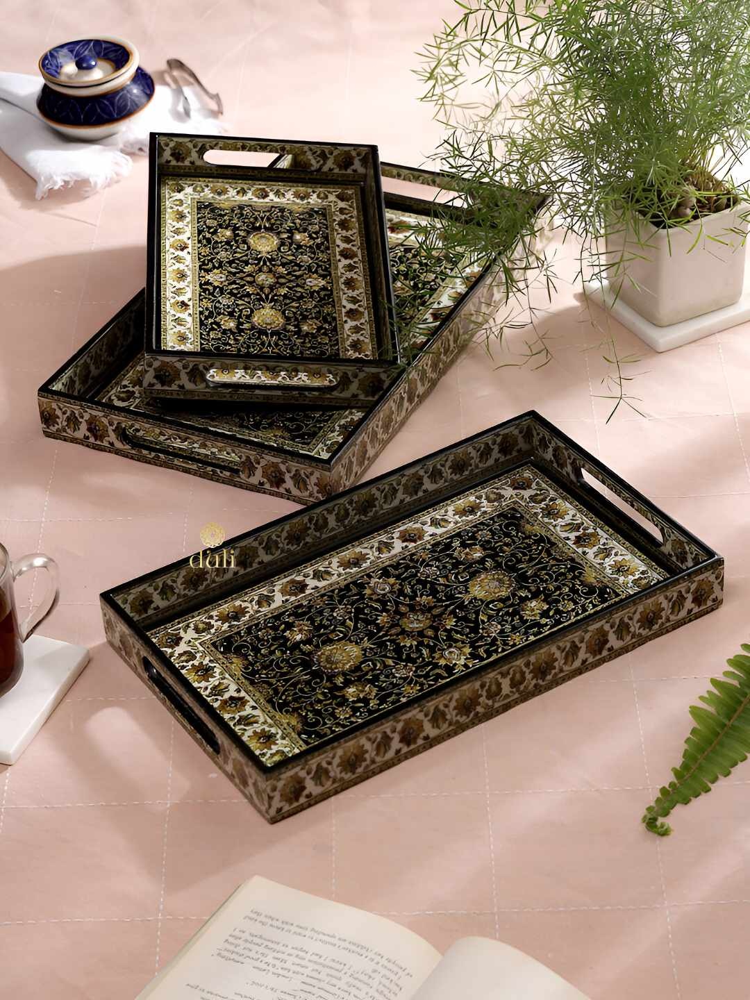 

DULI Brown 3 Pieces Printed Wooden Serving Trays