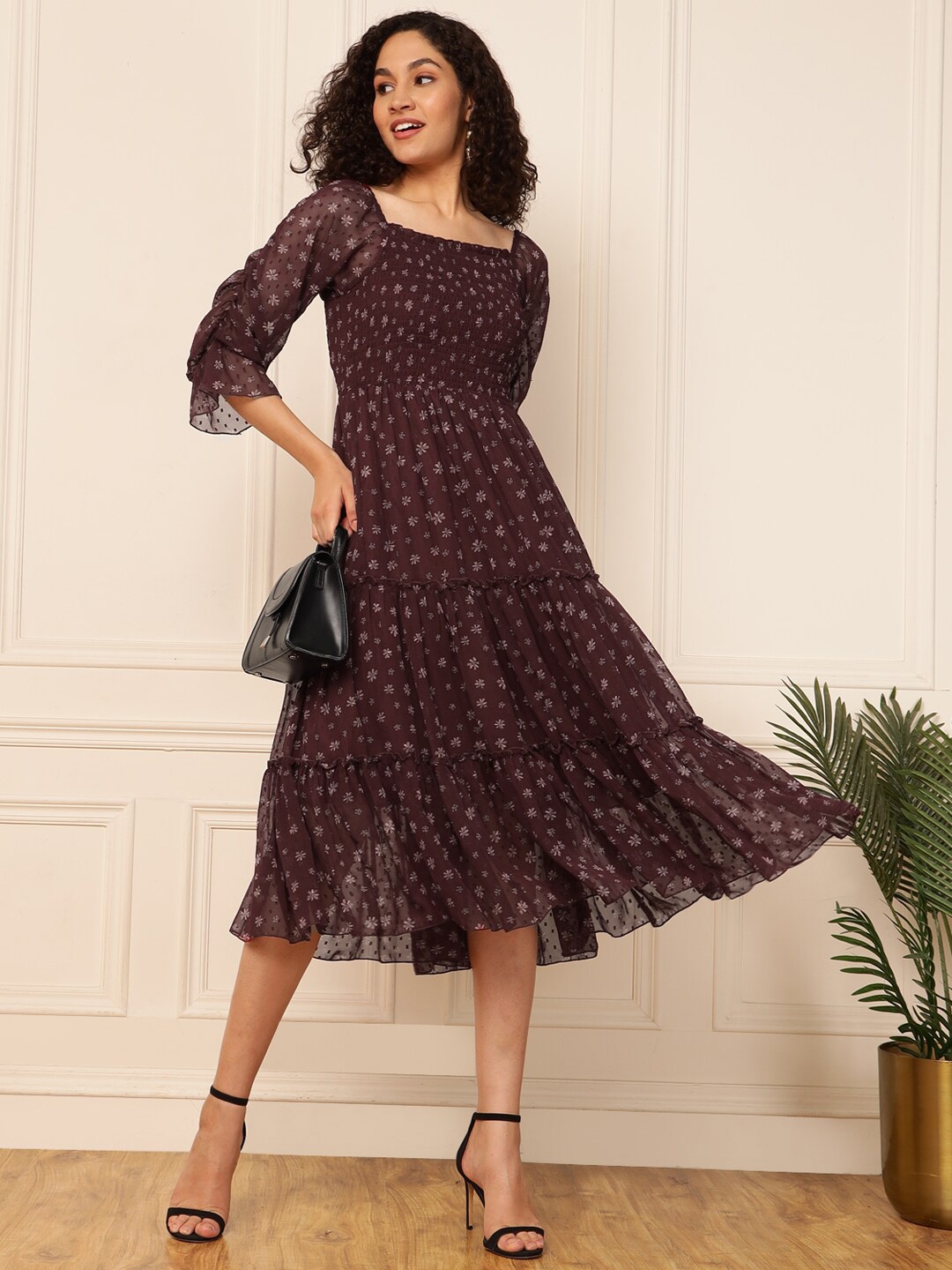 

DEEBACO Floral Printed Bell Sleeve Flared Square Neck Georgette Fit & Flare Midi Dress, Maroon