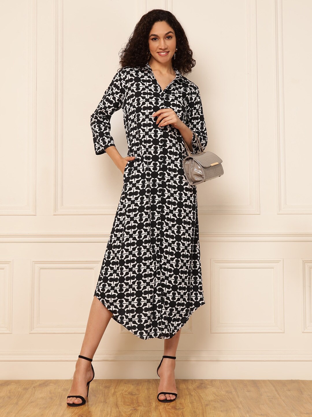 

DEEBACO Geometric Printed Shirt Collar Curved A-Line Midi Dress, Black