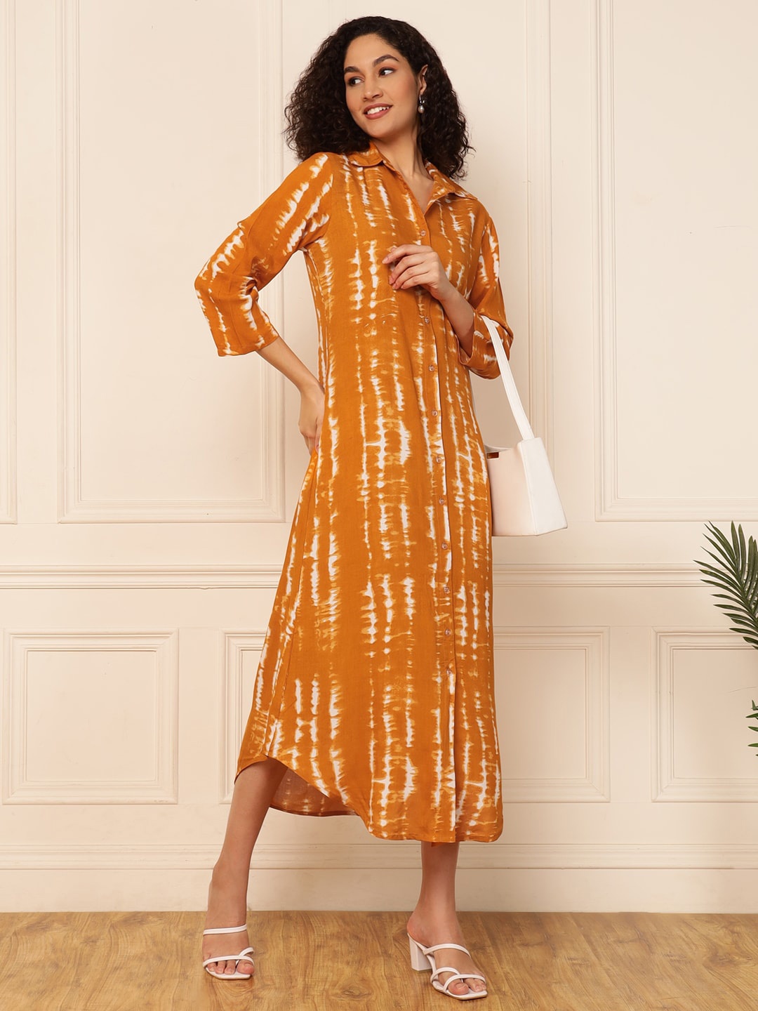 

DEEBACO Tie and Dye Dyed Shirt Collar Flared A-Line Midi Dress, Mustard