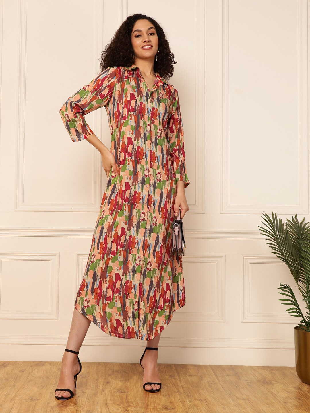 

DEEBACO Abstract Print Shirt Collar Shirt Maxi Casual Dress, Green