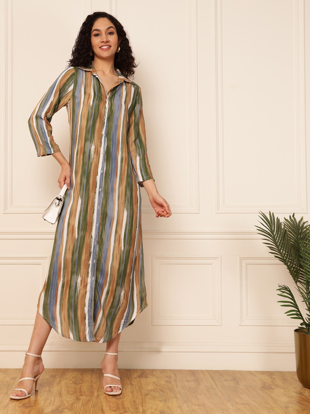 

DEEBACO Striped Shirt Midi Dress, Green