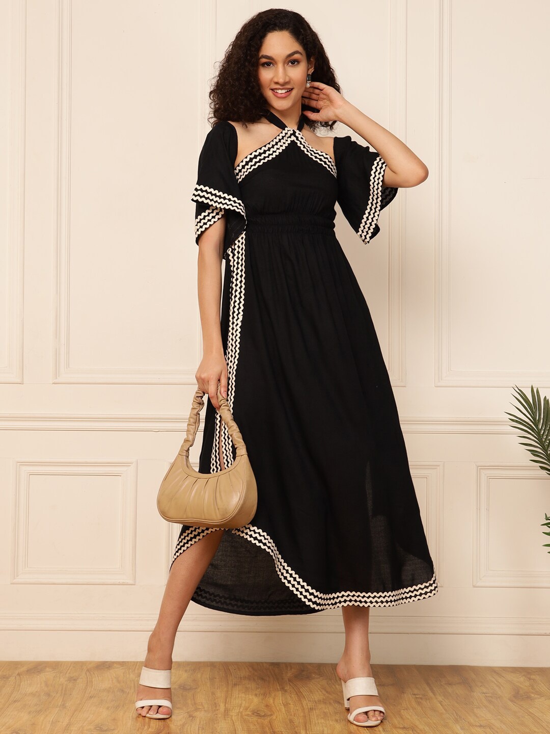 

DEEBACO Off-Shoulder Bell Sleeve Flared A-Line Maxi Dress, Black