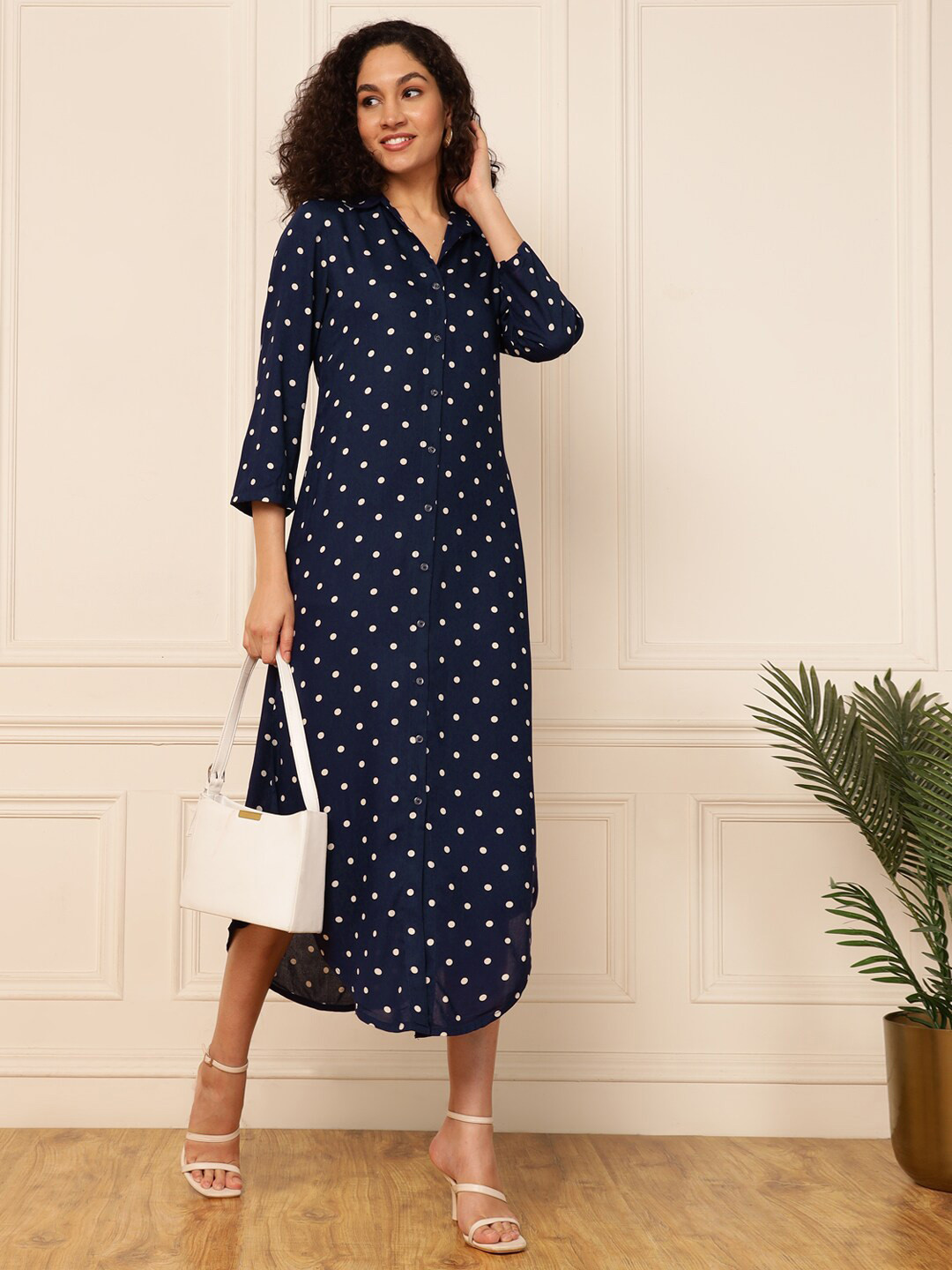 

DEEBACO Polka Dot Printed Shirt Maxi Dress, Blue