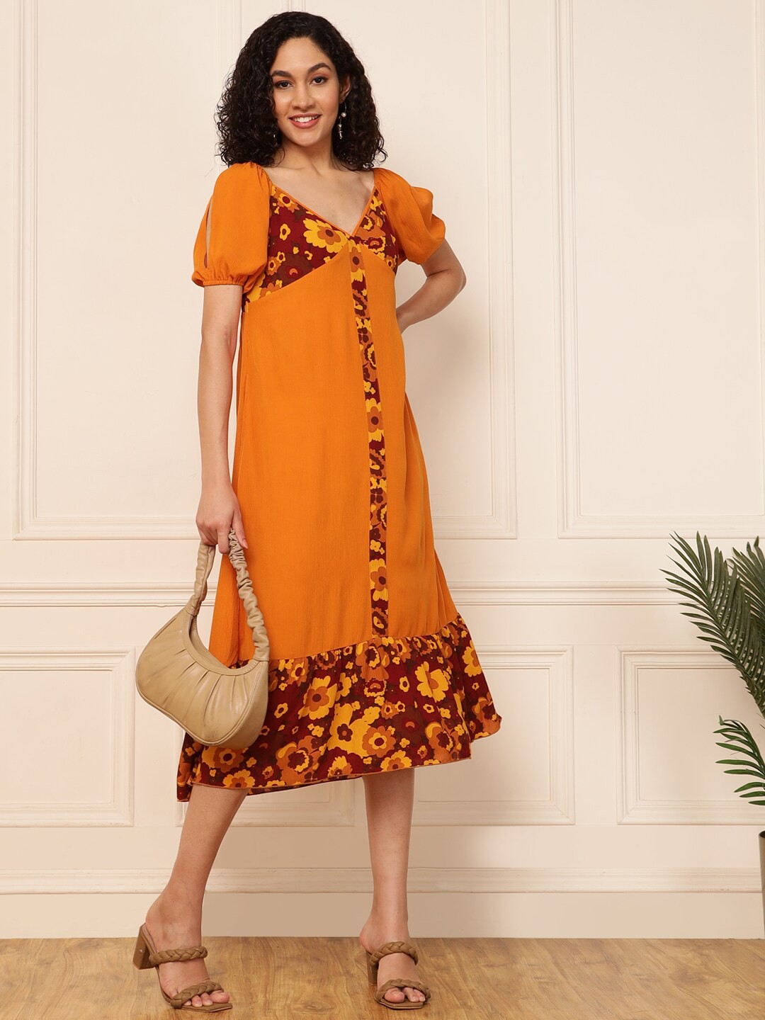 

DEEBACO V Neck Floral Printed Puff Sleeve A-Line Midi Dress, Mustard