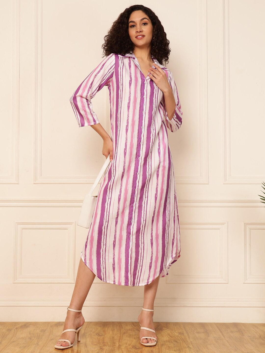 

DEEBACO Striped Linen Shirt Collar Flared Linen A-Line Dress, Purple