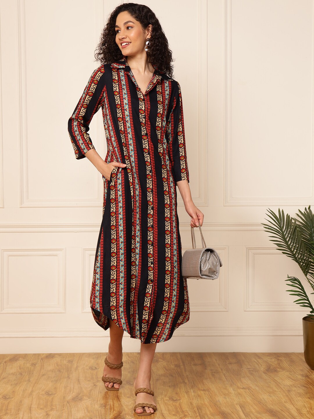 

DEEBACO Ethnic Motifs Printed Shirt Midi Dress, Maroon