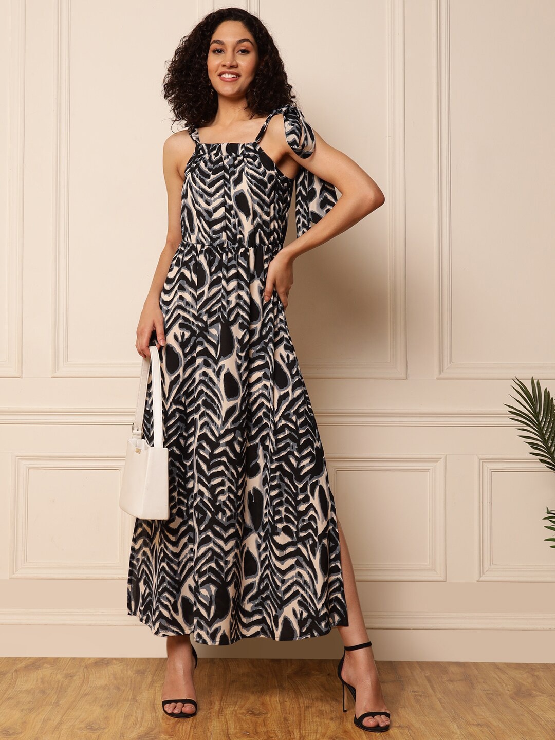 

DEEBACO Animal Print A-Line Maxi Dress, Black