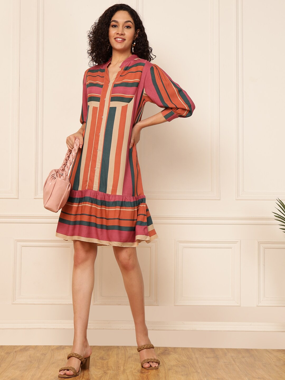 

DEEBACO Striped Mandarin Collar Flared A-Line Dress, Brown