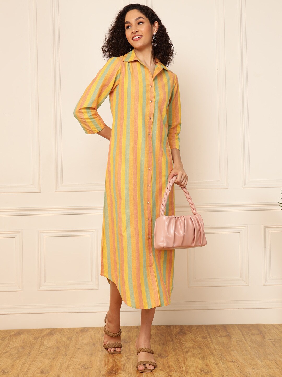 

DEEBACO Striped Linen Shirt Maxi Dress, Yellow