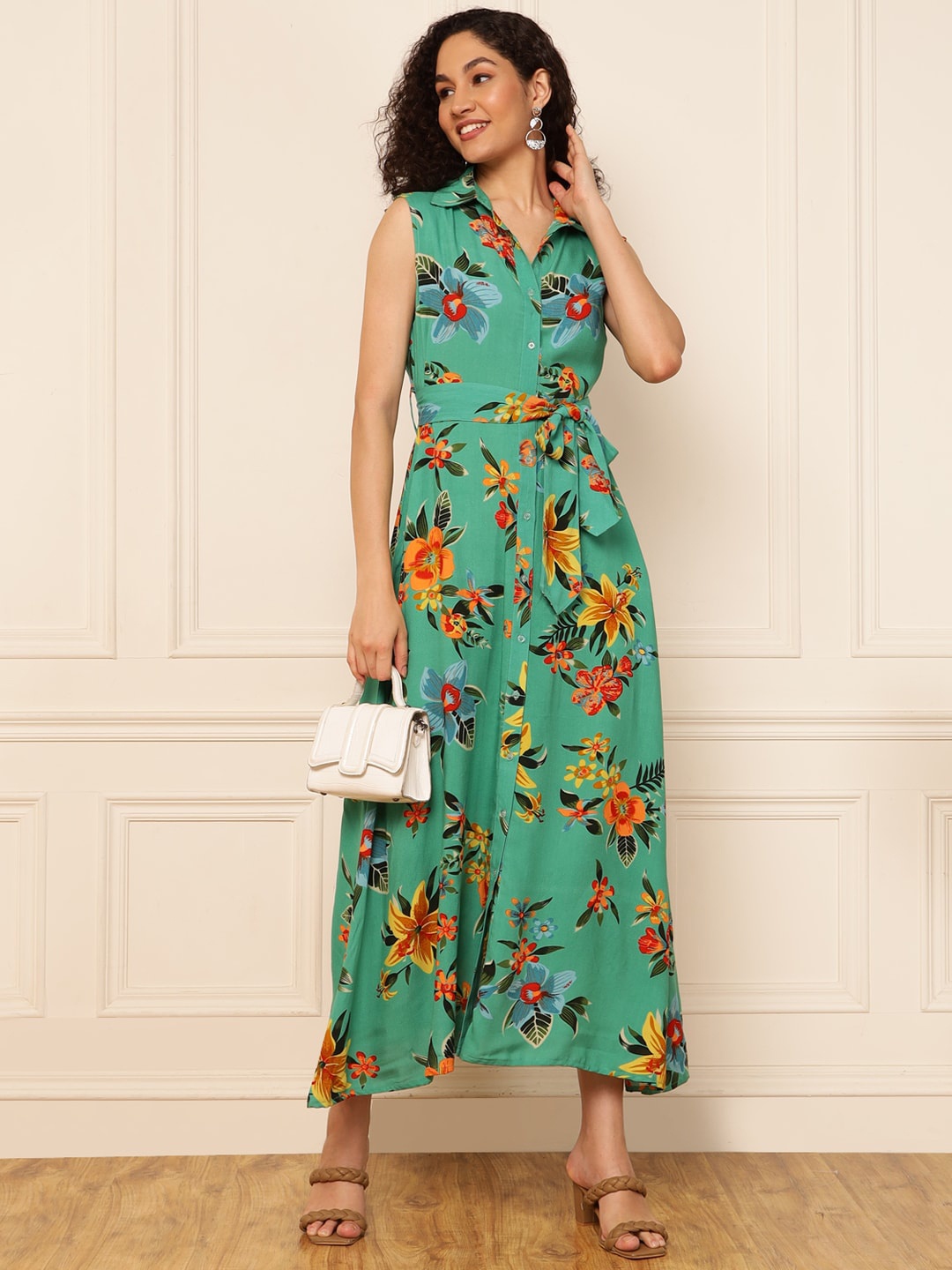 

DEEBACO Floral Printed Shirt Collar Straight Maxi Dress, Green