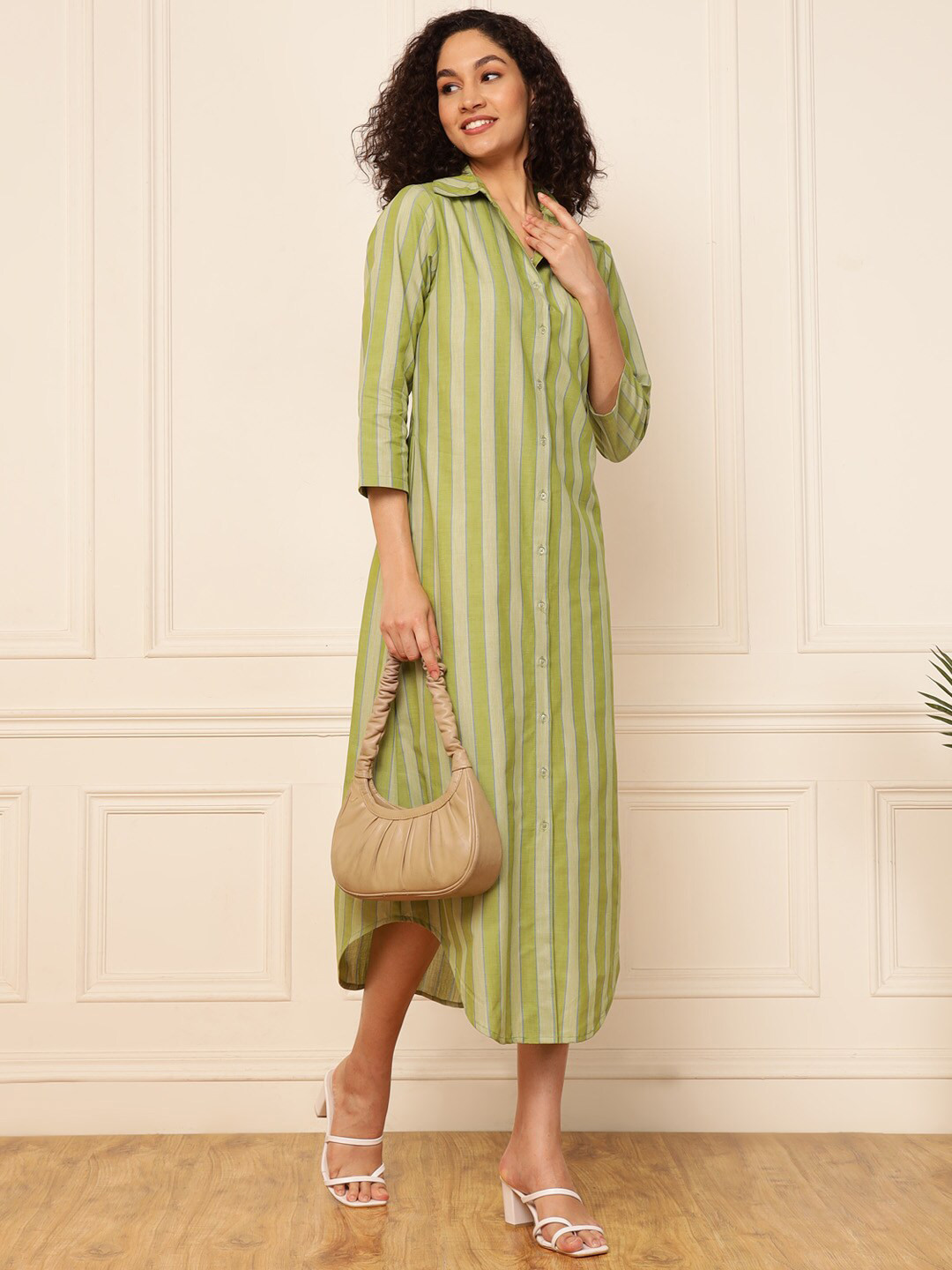 

DEEBACO Striped Linen Shirt Maxi Dress, Green