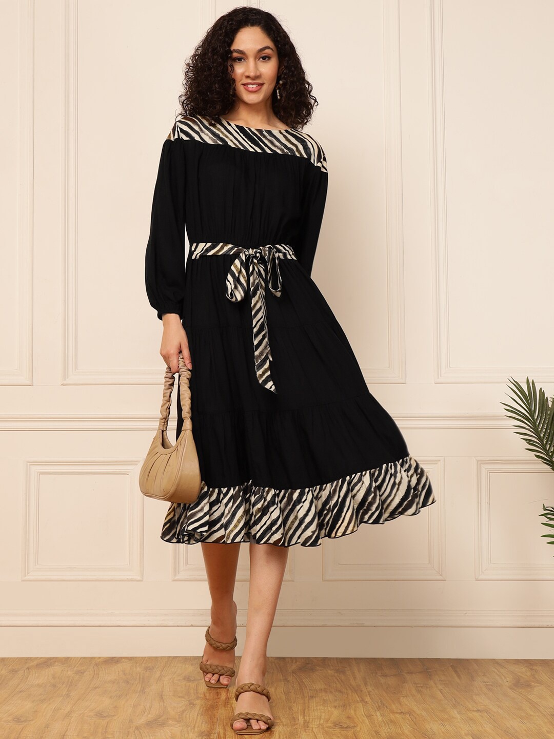 

DEEBACO Striped Puff Sleeve Fit & Flare A-Line Midi Casual Dress, Black