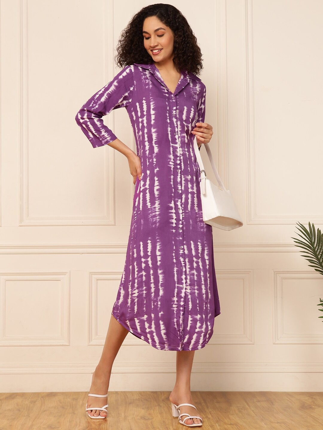 

DEEBACO Tie and Dye Dyed Shirt Collar Curved A-Line Midi Dress, Lavender