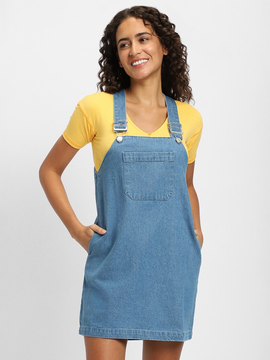 

FOREVER 21 Shoulder Straps Cotton Pinafore Mini Dress, Blue