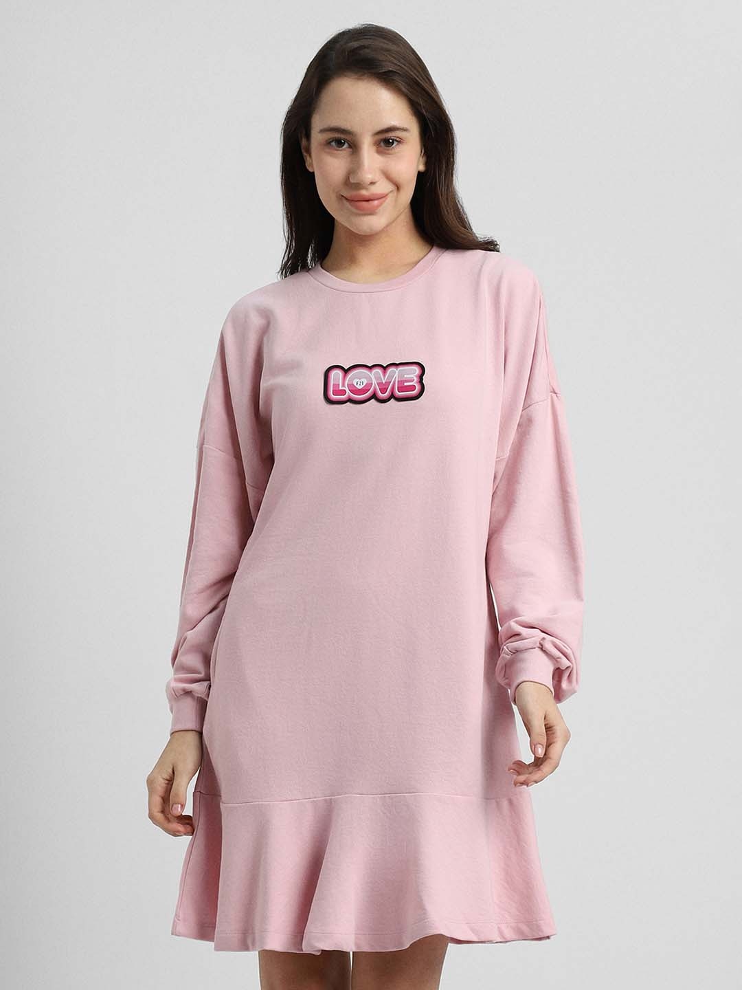 FOREVER 21 Round Neck Typography Print Mini Dress, Pink